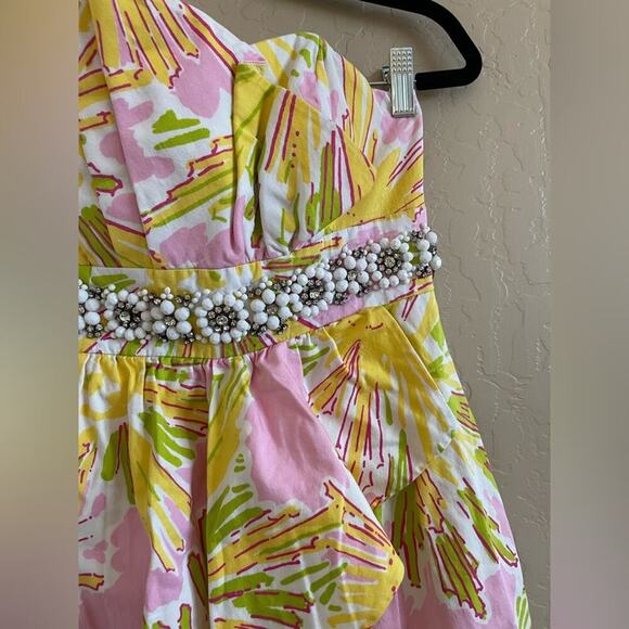 Lilly Pulitzer Crystal Skipping on Sunshine Yellow Pink Beaded Strapless Dress 4 - Picture 5 of 9